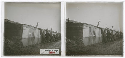 Abri de tranchée, guerre WW1, plaque verre photo ancienne stéréo 6x13 cm