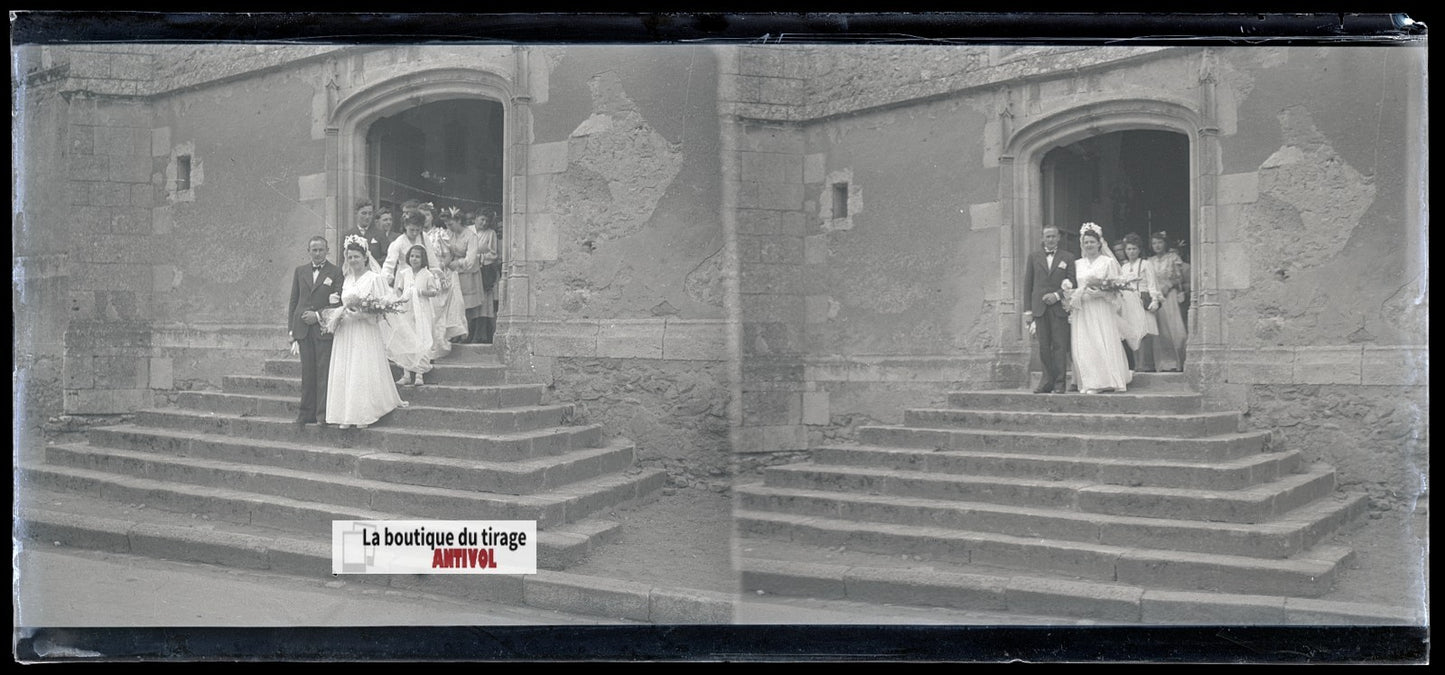 Mariage, village France, plaque verre, photo ancienne, négatif N&B 6x13 cm