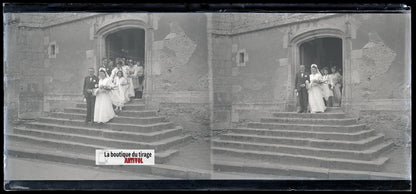 Mariage, village France, plaque verre, photo ancienne, négatif N&B 6x13 cm