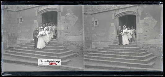 Mariage, village France, plaque verre, photo ancienne, négatif N&B 6x13 cm