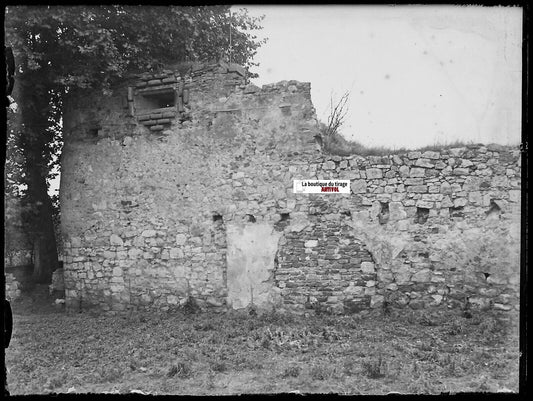 Ruine, tour, guerre, Plaque verre photo, négatif ancien noir & blanc 9x12 cm