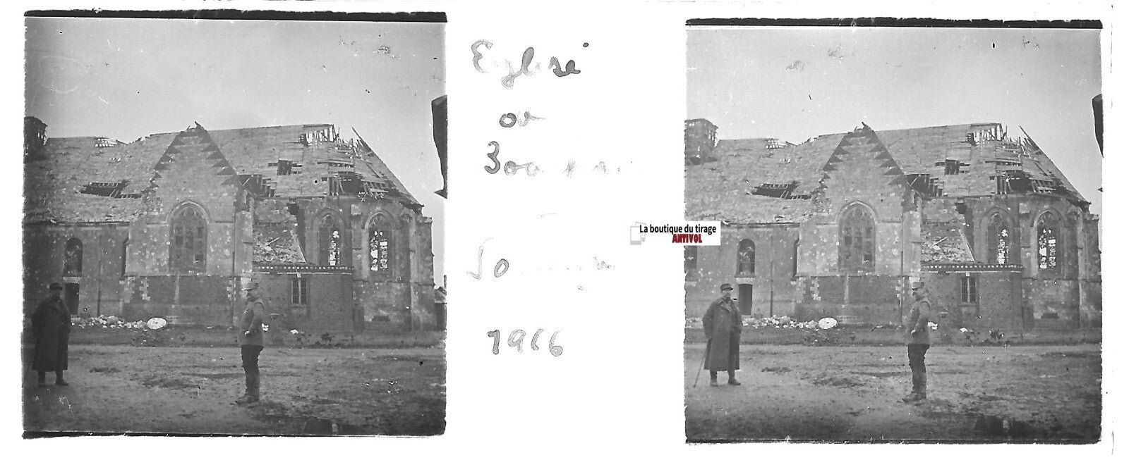 Bouchoir église, Plaque verre stéréo, positif ancien noir & blanc 4,5x10,7 cm