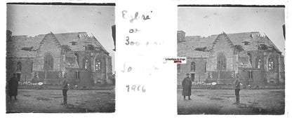 Bouchoir église, Plaque verre stéréo, positif ancien noir & blanc 4,5x10,7 cm