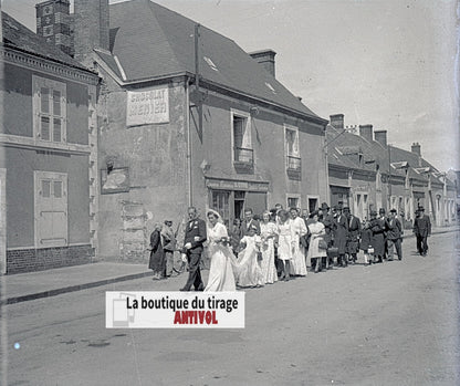 Mariage, village France, plaque verre, photo ancienne, négatif N&B 6x13 cm