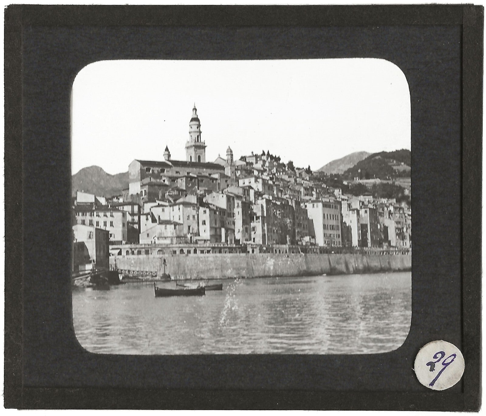 Menton, la vieille ville, mer, bateaux, photo plaque de verre, positif 8,5x10 cm