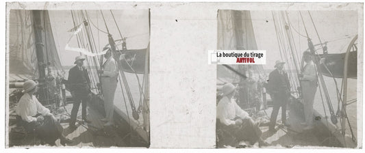 Voyage en bateau, Plaque verre stéréoscopie, positif noir & blanc 4,5x10,7 cm