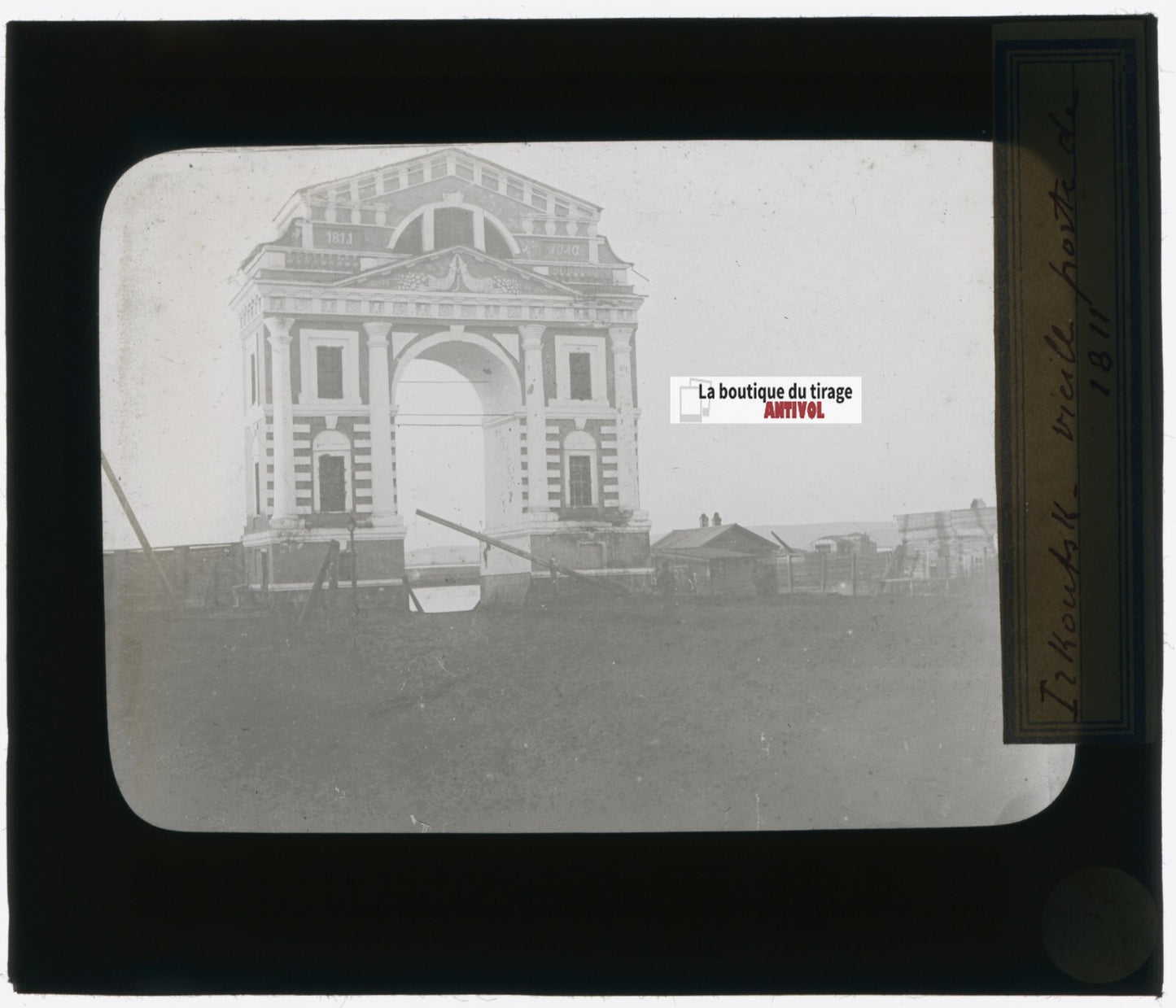 Irkoutsk, Russie, Arc, photo plaque verre, noir & blanc, positif 8,5x10 cm