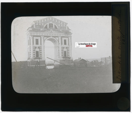 Irkoutsk, Russie, Arc, photo plaque verre, noir & blanc, positif 8,5x10 cm