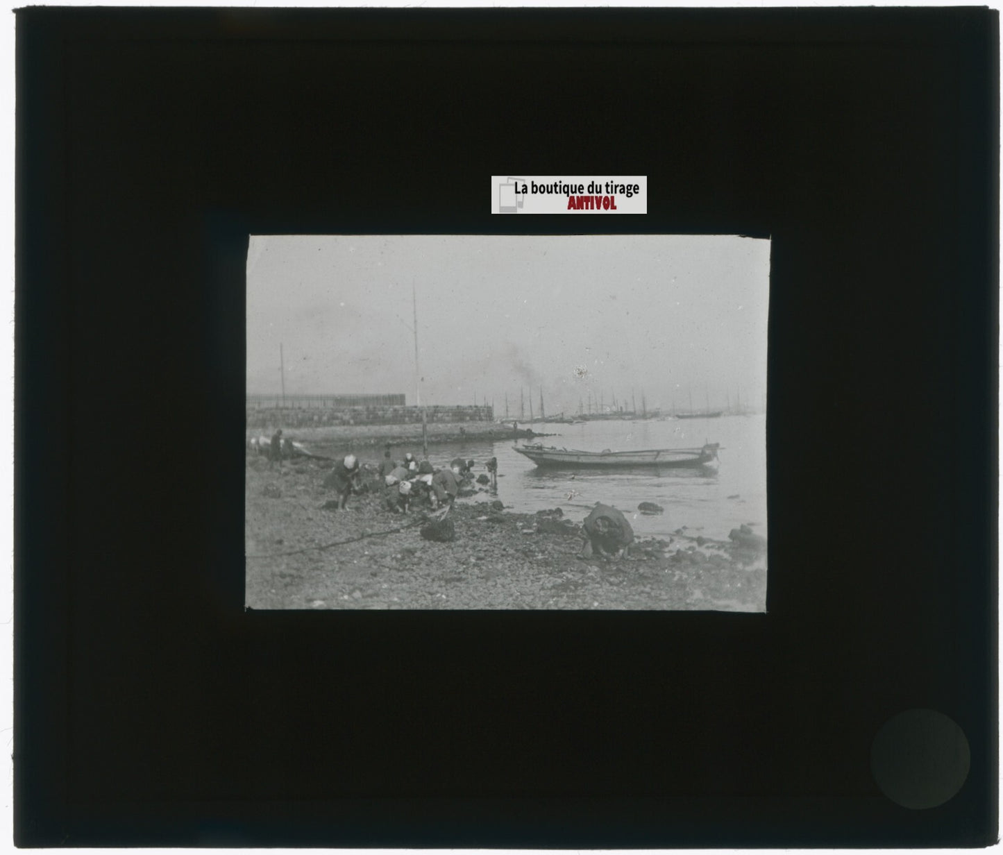 Personnages, Japon, bateaux, photo plaque verre, noir & blanc, positif 8,5x10 cm