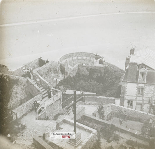 Mont-Saint-Michel, terrasse et remparts, plaque verre stéréo, photo 4,5x10,7 cm