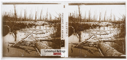 Anizy-le-Château Ailette, guerre WW1, plaque verre photo ancienne stéréo 6x13 cm