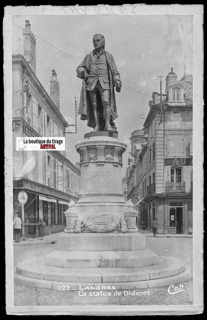 Plaque verre photo négatif noir & blanc 9x14 cm Langres, statue Diderot France