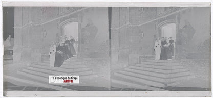 Mariage, village France, plaque verre, photo ancienne, négatif N&B 6x13 cm