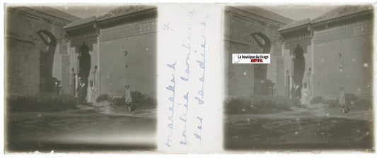 Tombeaux, Marrakech Maroc, Plaque verre stéréo, positif noir & blanc 4,5x10,7 cm