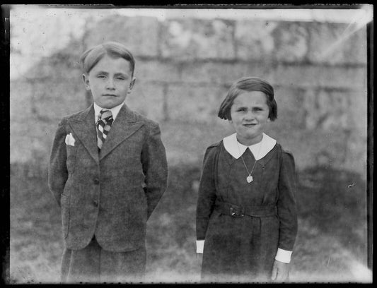 Plaque verre photo ancienne négatif noir et blanc 9x12 cm fille garçon vintage 