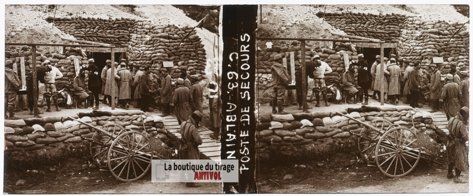Ablain, Poste de secours, guerre WW1, plaque verre stéréo, photo 4,5x10,7 cm