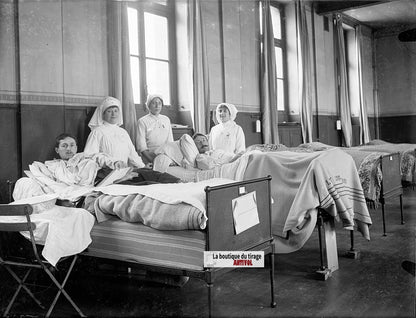 Soldats et infirmières, plaque verre, photo ancienne, négatif N&B 9x12 cm