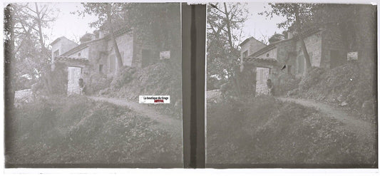 Maison de campagne, Plaque verre photo stéréo, positif noir & blanc 6x13 cm