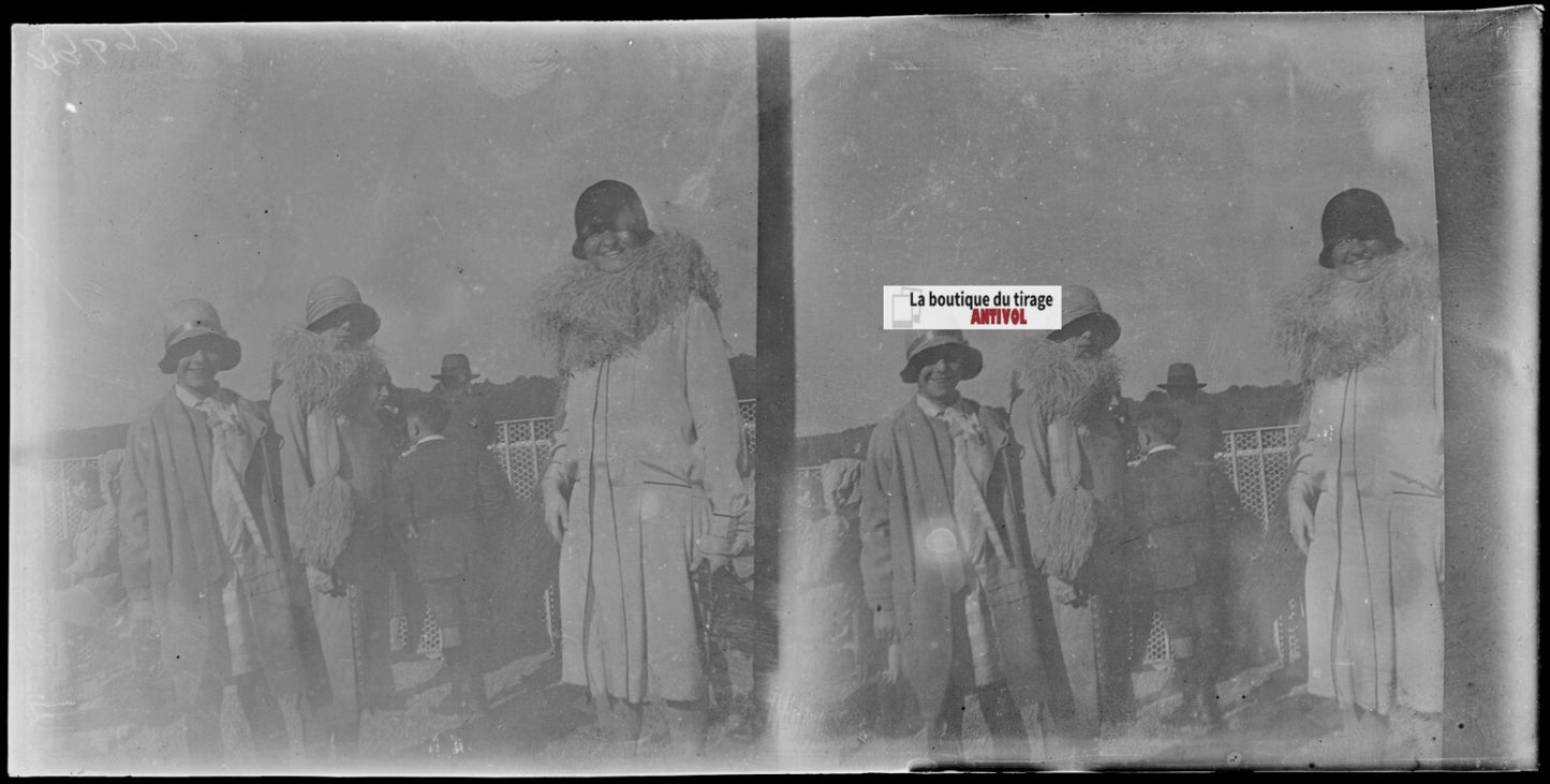 Famille, personnages, stéréoscopie plaque ancienne verre, négatif 9x18 cm