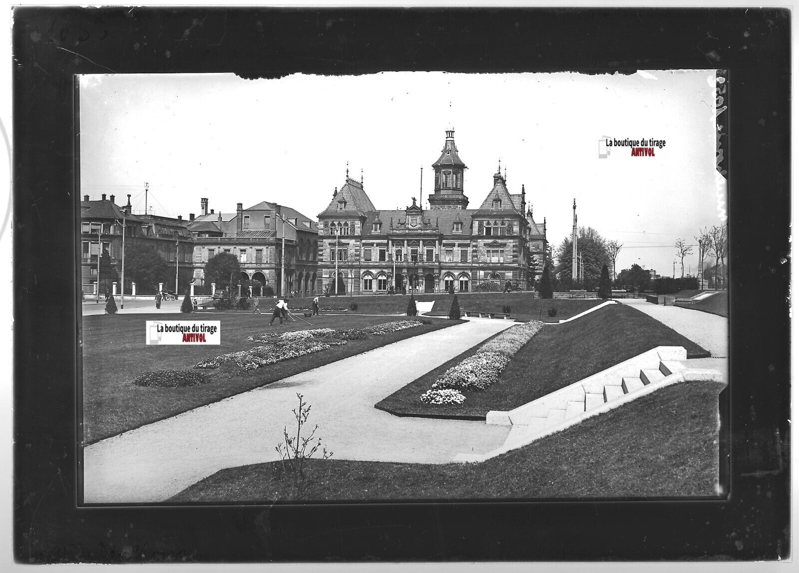 Plaque verre photo ancienne positif noir & blanc 13x18 cm Mulhouse jardiniers