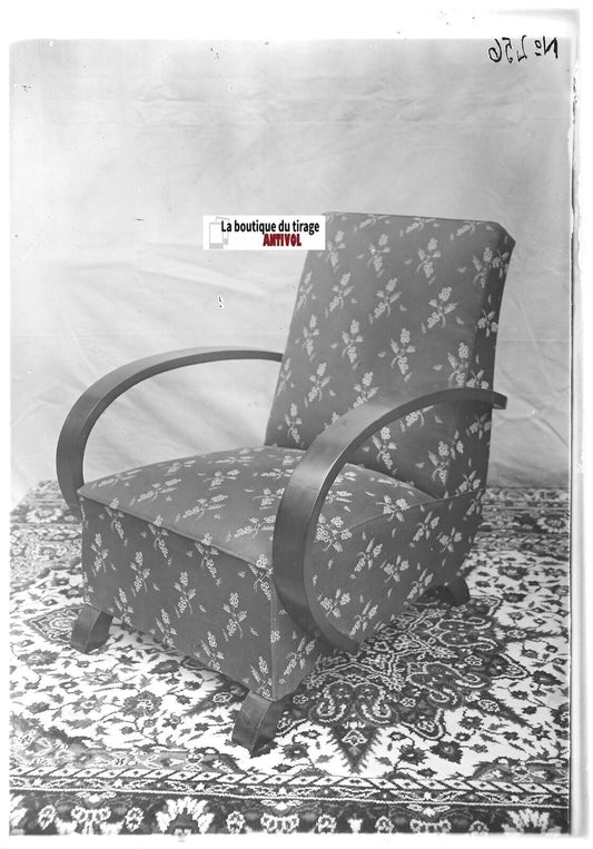 Plaque verre photo ancienne positif noir & blanc 13x18 cm fauteuil vintage