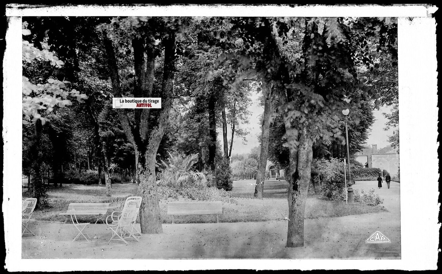 Plaque verre photo ancienne, négatif noir & blanc 9x14 cm, Contrexéville, jardin