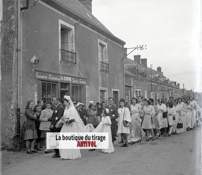 Mariage, village France, plaque verre, photo ancienne, négatif N&B 6x13 cm