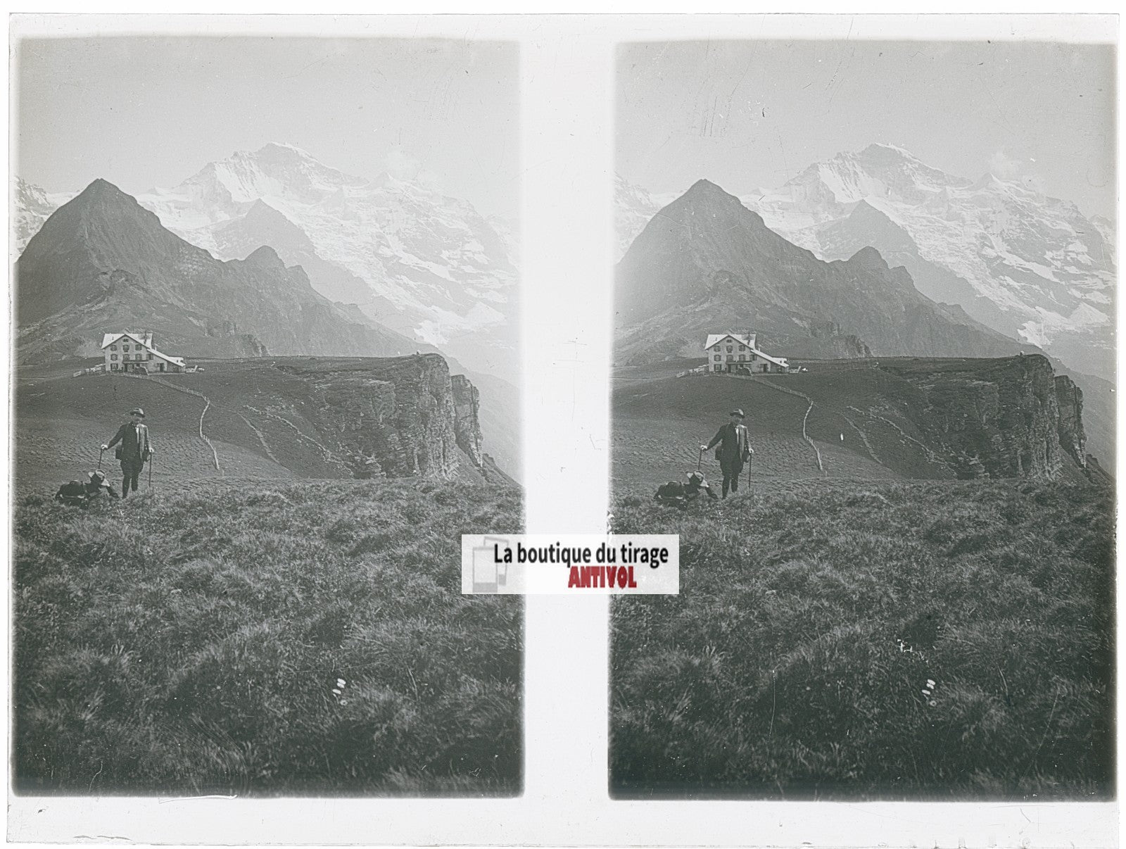 Randonnée, Alpes Suisse, stéréo photo plaque verre, noir & blanc, 9x12 cm