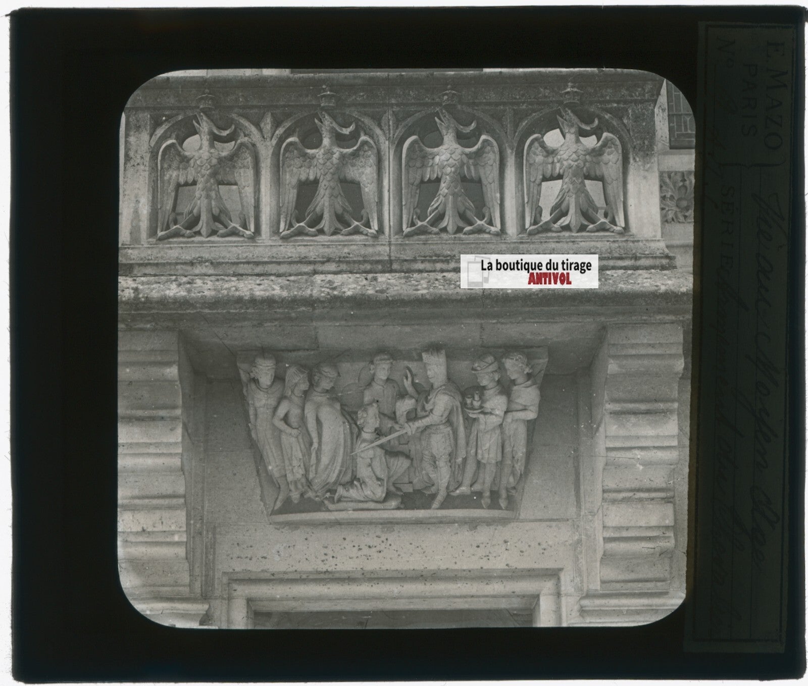 Sculpture, bâtiment, photo plaque verre, noir & blanc, positif 8,5x10 cm