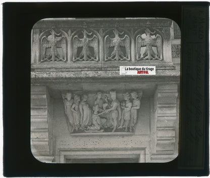 Sculpture, bâtiment, photo plaque verre, noir & blanc, positif 8,5x10 cm