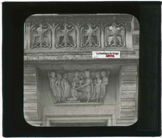 Sculpture, bâtiment, photo plaque verre, noir & blanc, positif 8,5x10 cm