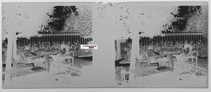 Thé, café, hommes, Plaque verre photo stéréo, négatif noir & blanc 4,5x10,7 cm