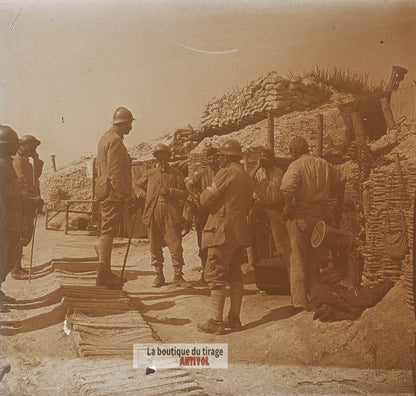Ravin de l’Ambulance, Massiges WW1, plaque verre photo ancienne stéréo 6x13 cm