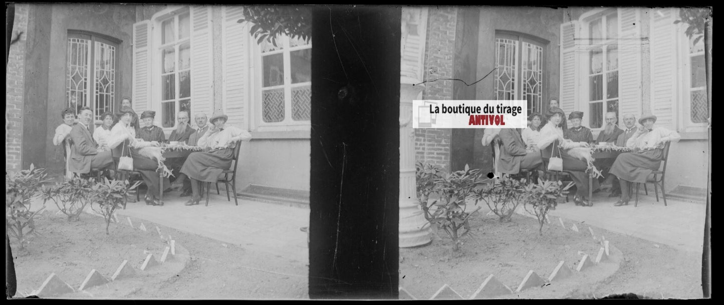 Famille, Belgique, Plaque verre stéréoscopie, négatif noir & blanc 4,5x10,7 cm