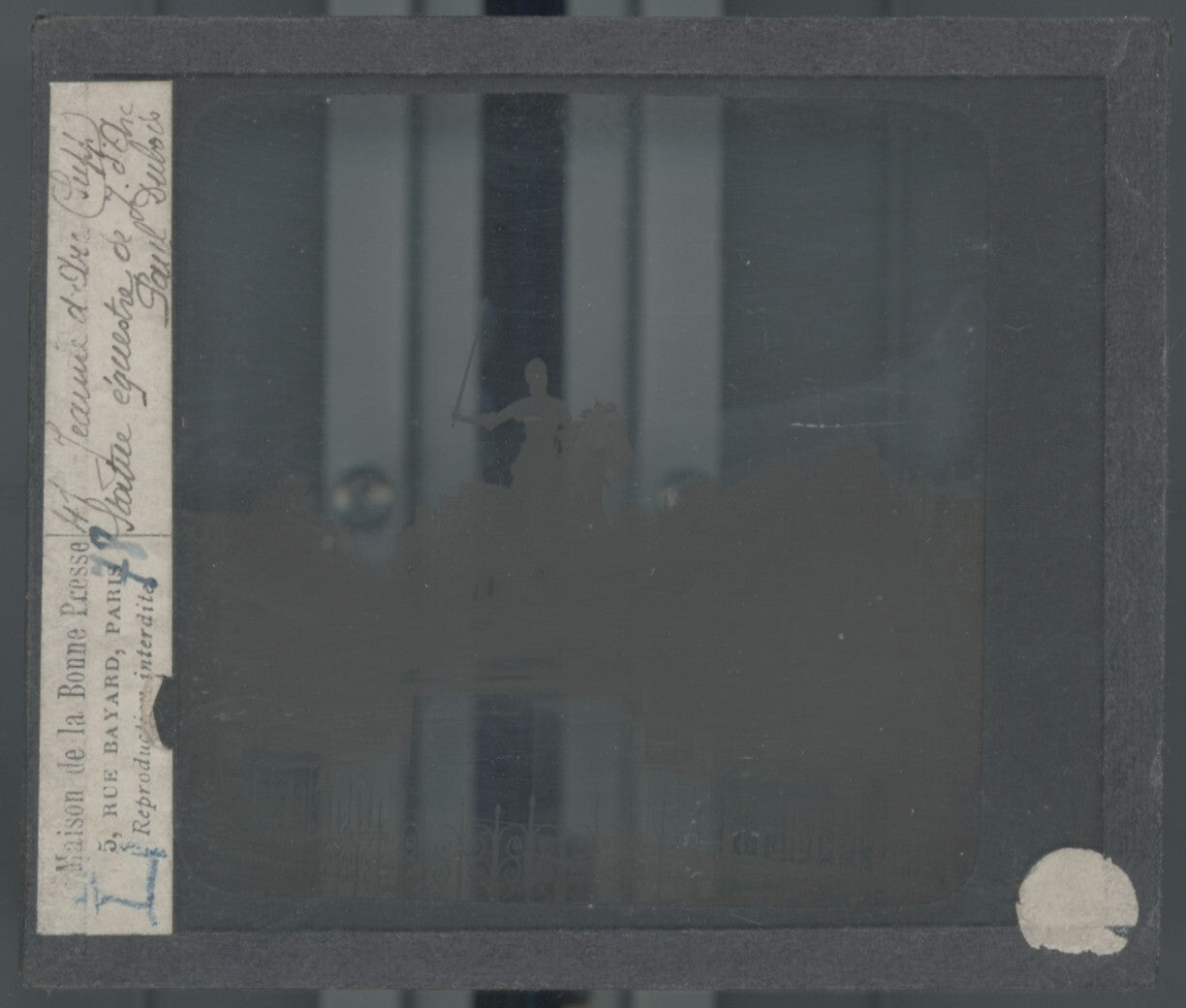 Statue Jeanne d'Arc, Paris, photo plaque verre, noir & blanc, positif 8,5x10 cm