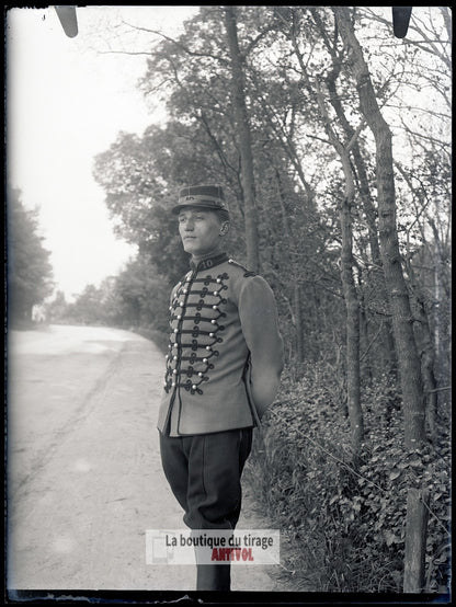 Officier 10ᵉ régiment Hussard, plaque verre, photo ancienne, négatif 9x12 cm