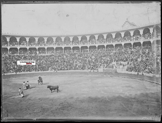 Arènes, Barcelone, corrida, Plaque verre photo, négatif noir & blanc 9x12 cm