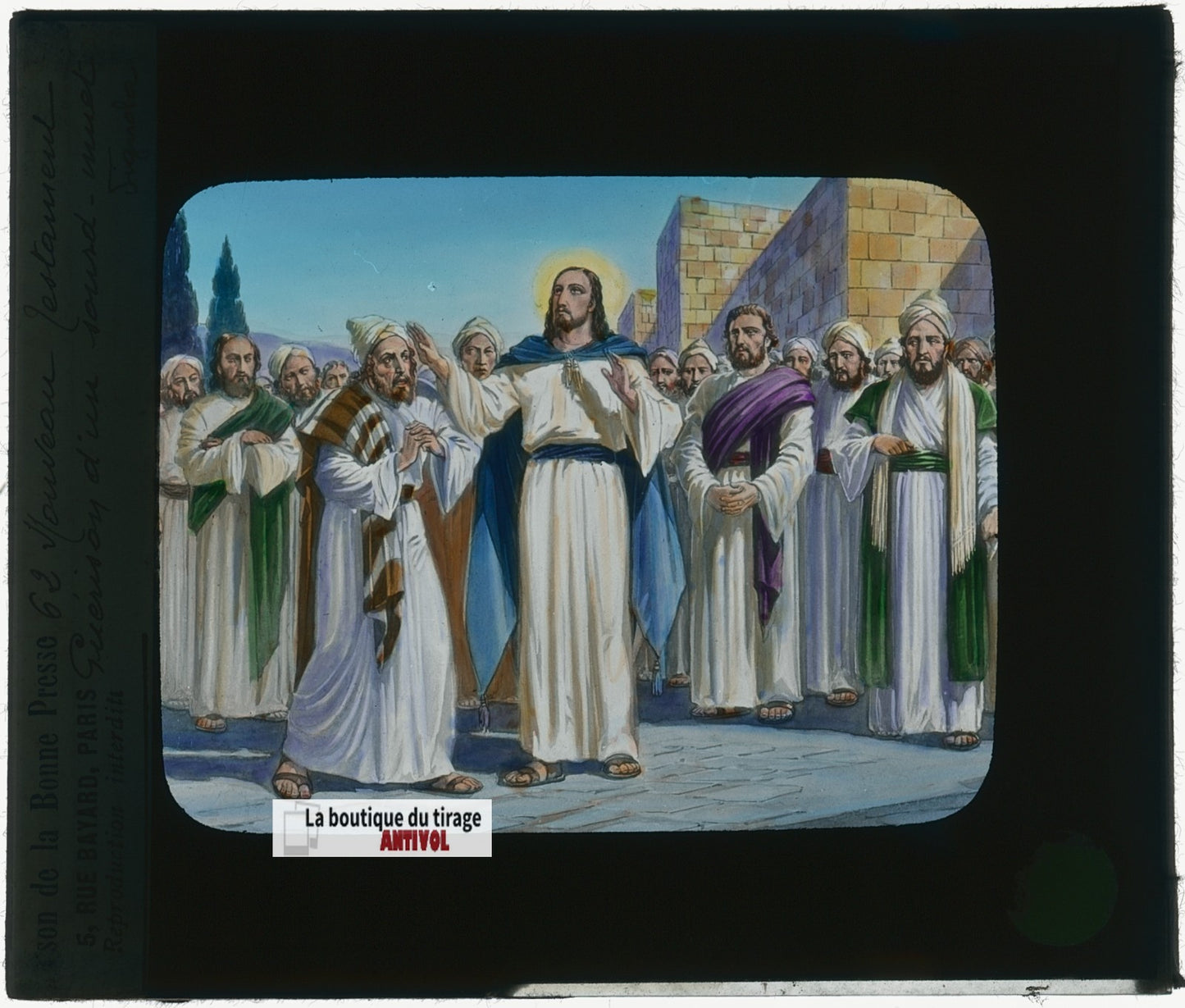 Jésus guérit un sourd-muet, dessin, plaque verre ancienne, couleur 8,5x10 cm