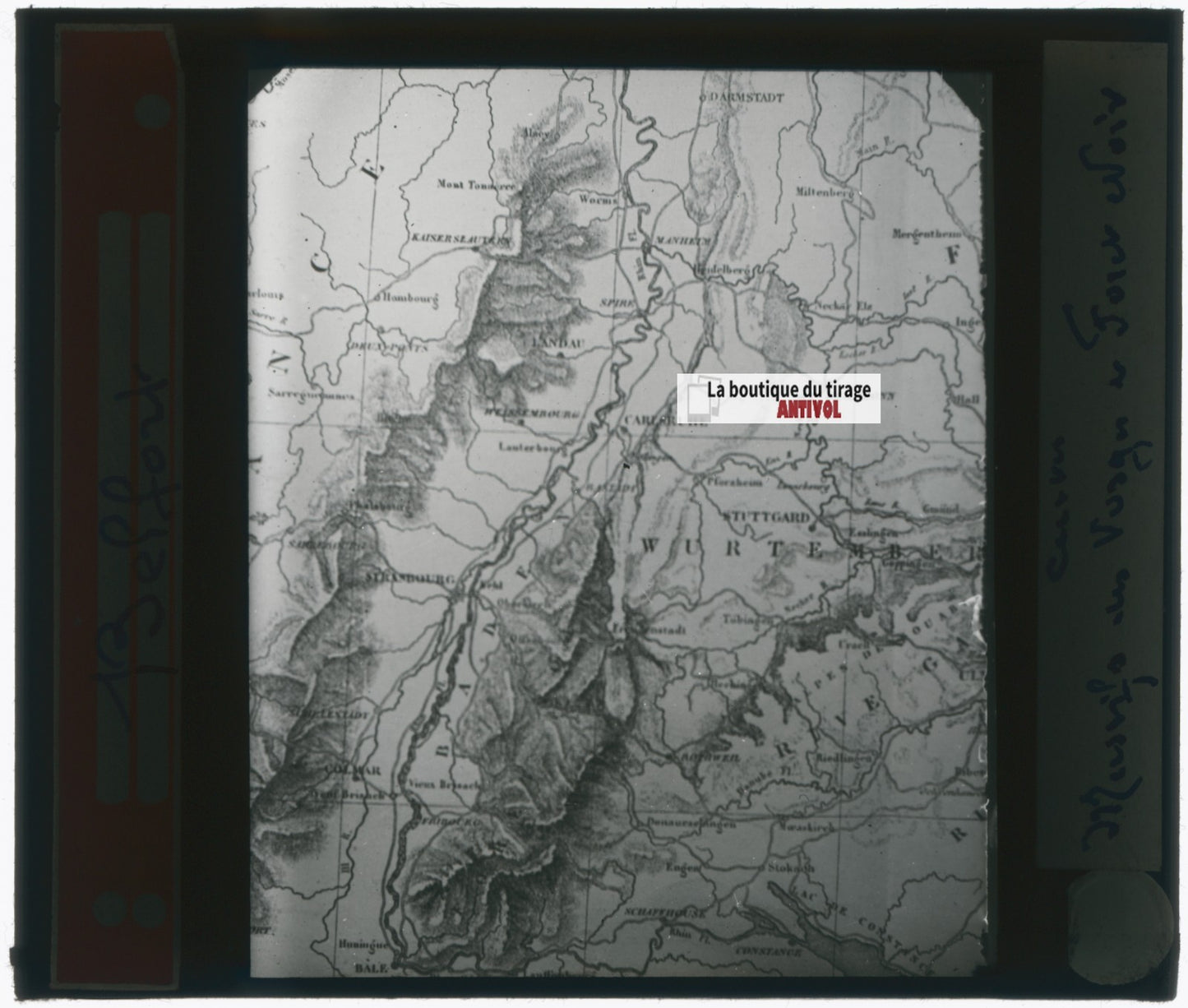 Carte région de Belfort, photo plaque verre, noir & blanc, positif 8,5x10 cm