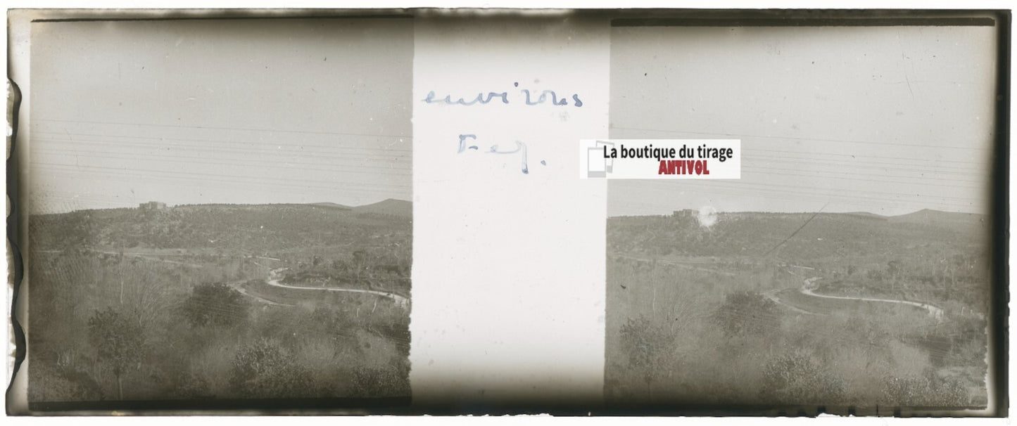 Paysage, Fès, Maroc, Plaque verre stéréo, positif noir & blanc 4,5x10,7 cm