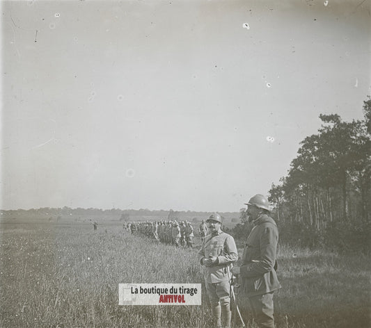 Manœuvre régiment, guerre WW1, plaque verre photo ancienne stéréo 6x13 cm