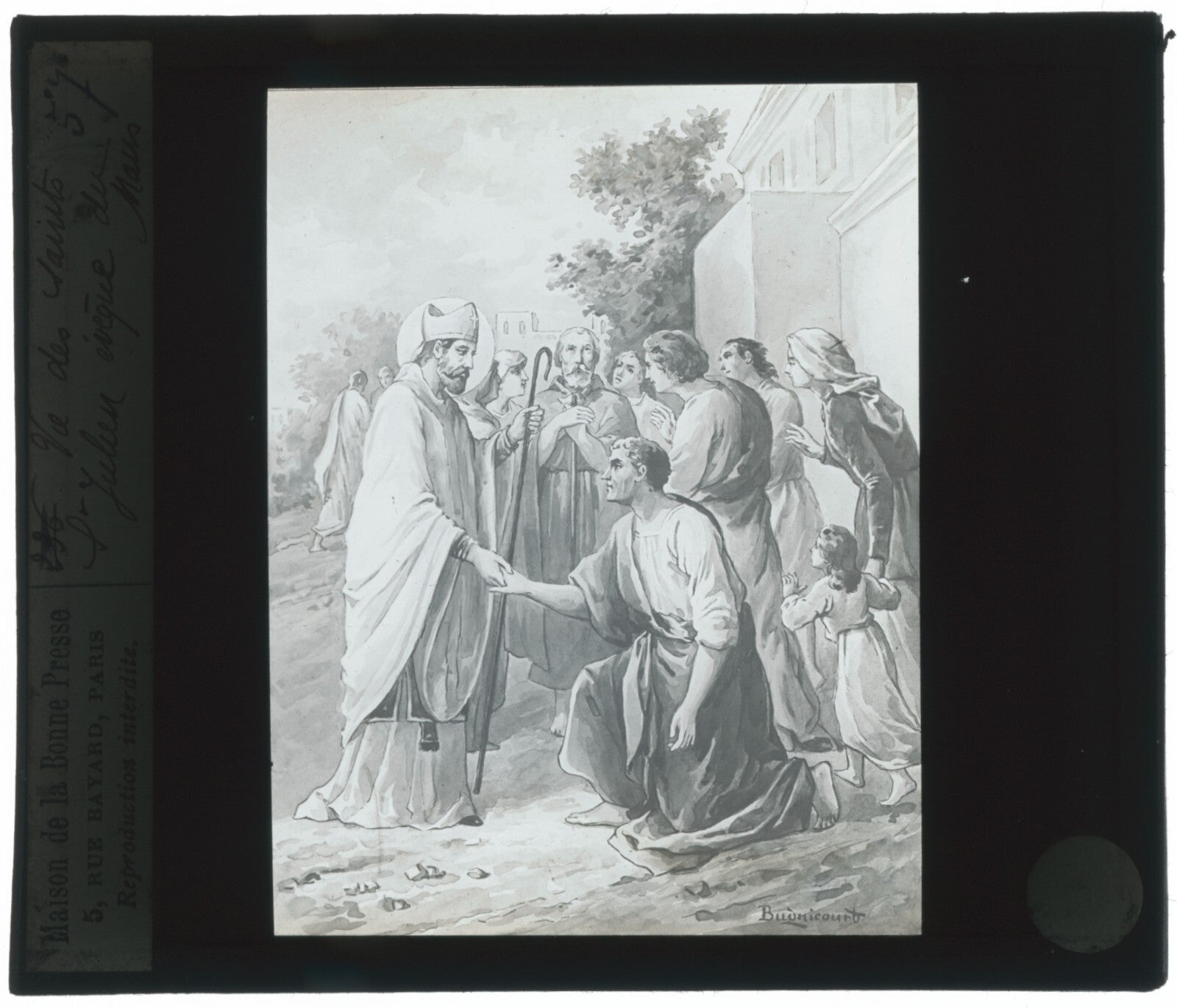 Saint Julien du Mans, dessin peinture, photo plaque verre, positif 8,5x10 cm