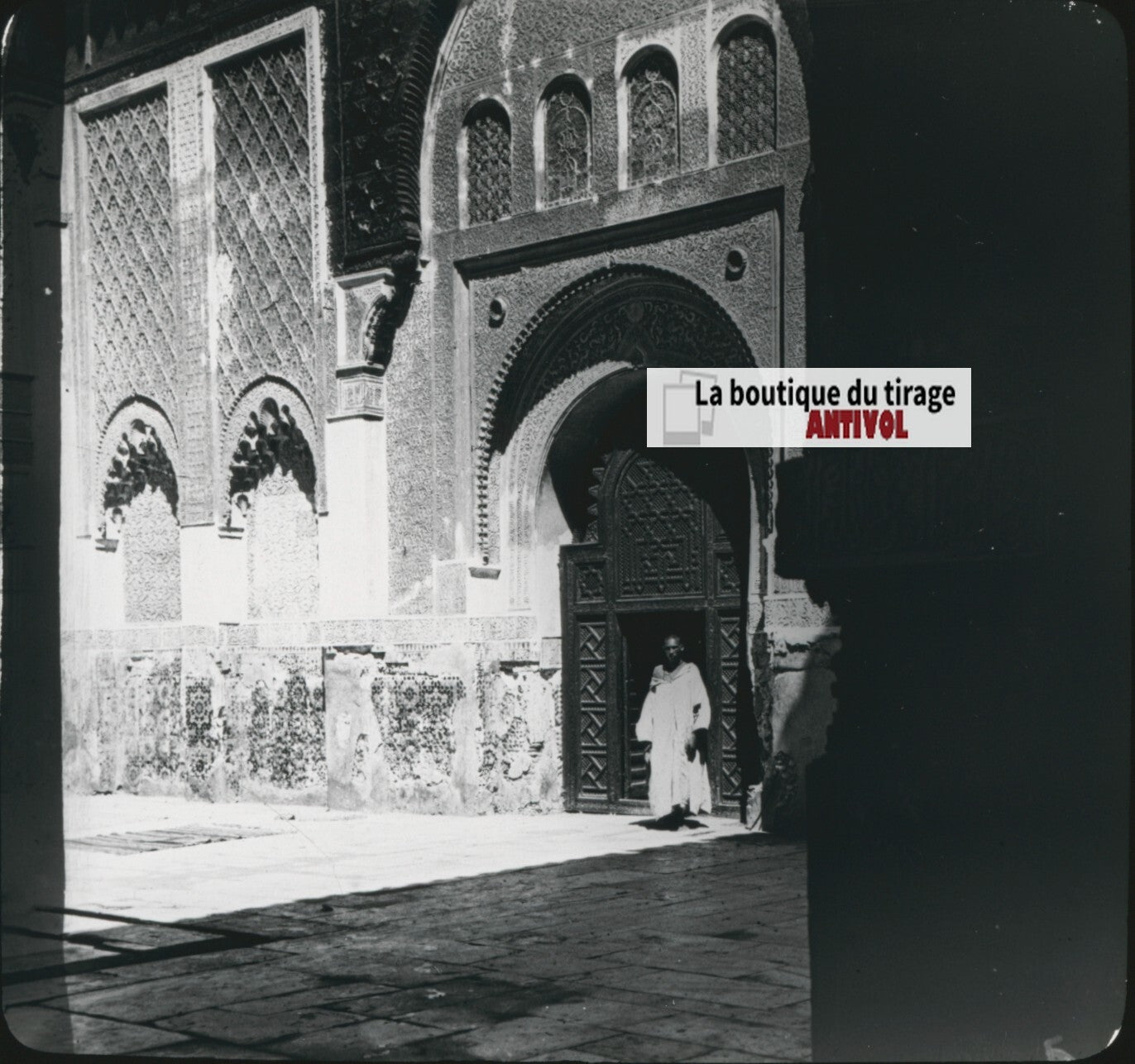 Medersa Ben Youssef, Marrakech, photo ancienne plaque verre, positif 8,5x10 cm