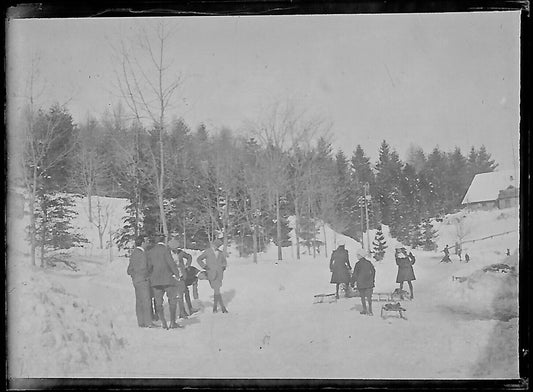 Plaque verre photo ancienne négatif noir et blanc 4x6 cm luge neige montagne 