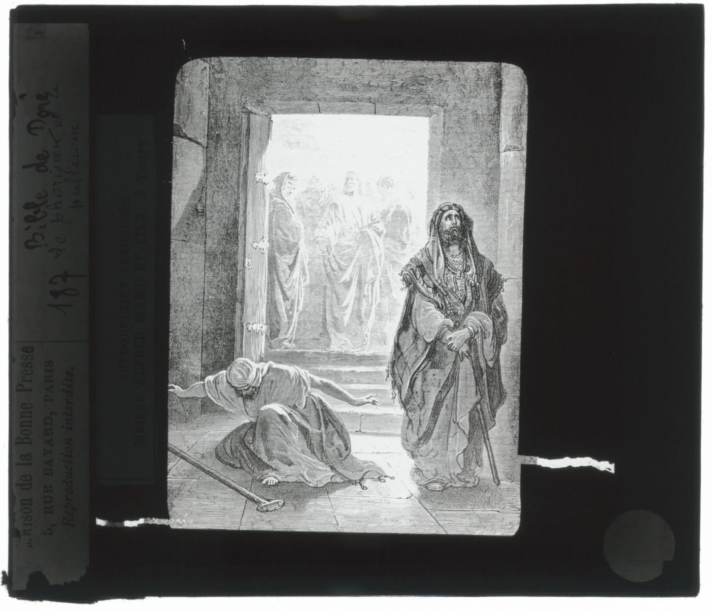 Pharisien et le publicain, Bible Doré, dessin, plaque verre, positif 8,5x10 cm