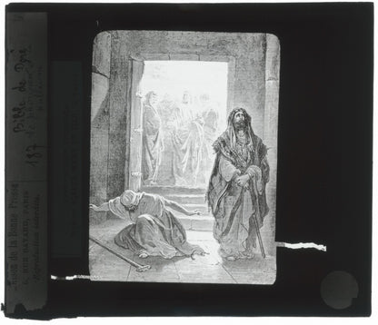 Pharisien et le publicain, Bible Doré, dessin, plaque verre, positif 8,5x10 cm