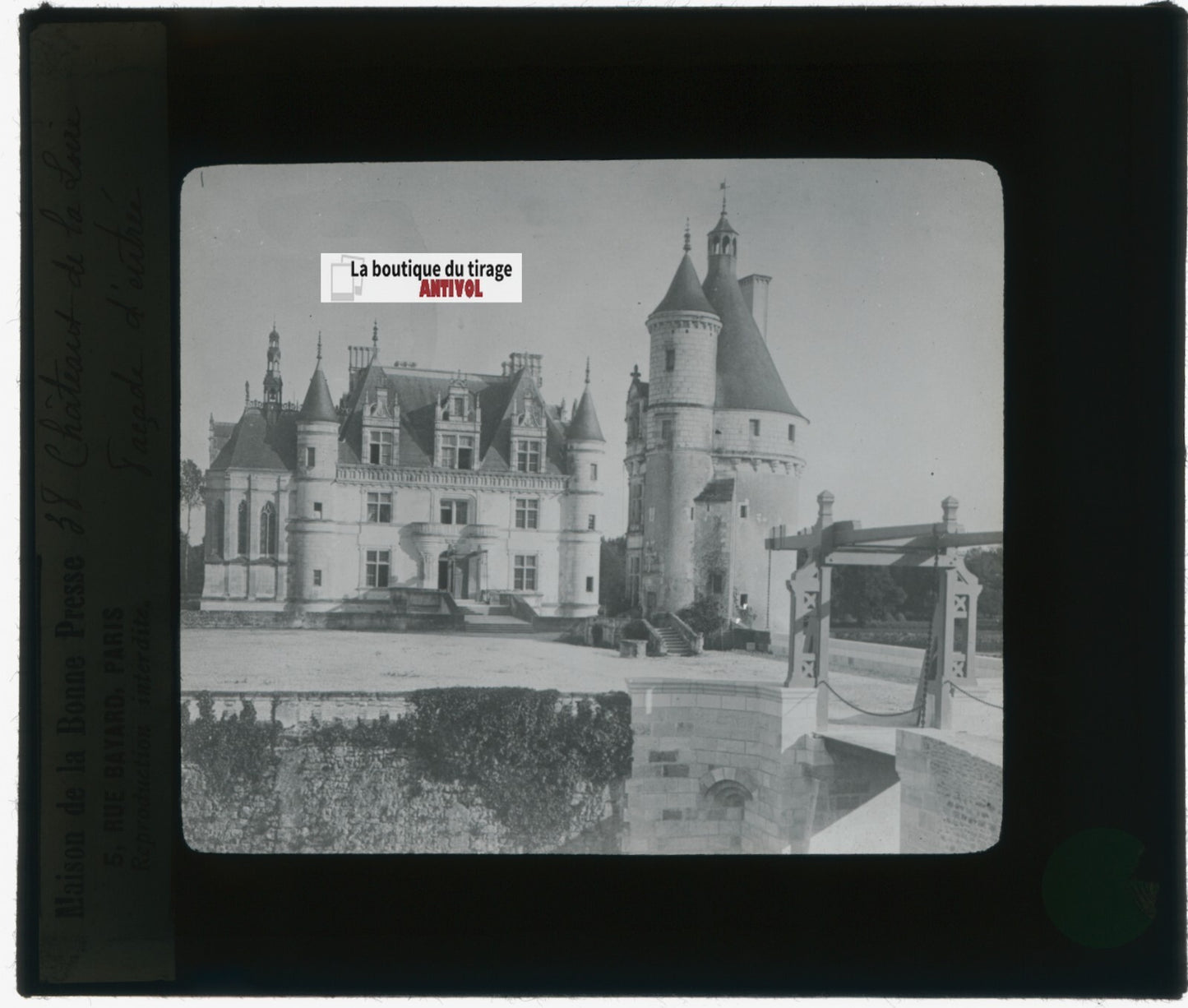 Château de Chenonceaux, photo plaque verre, noir & blanc, positif 8,5x10 cm