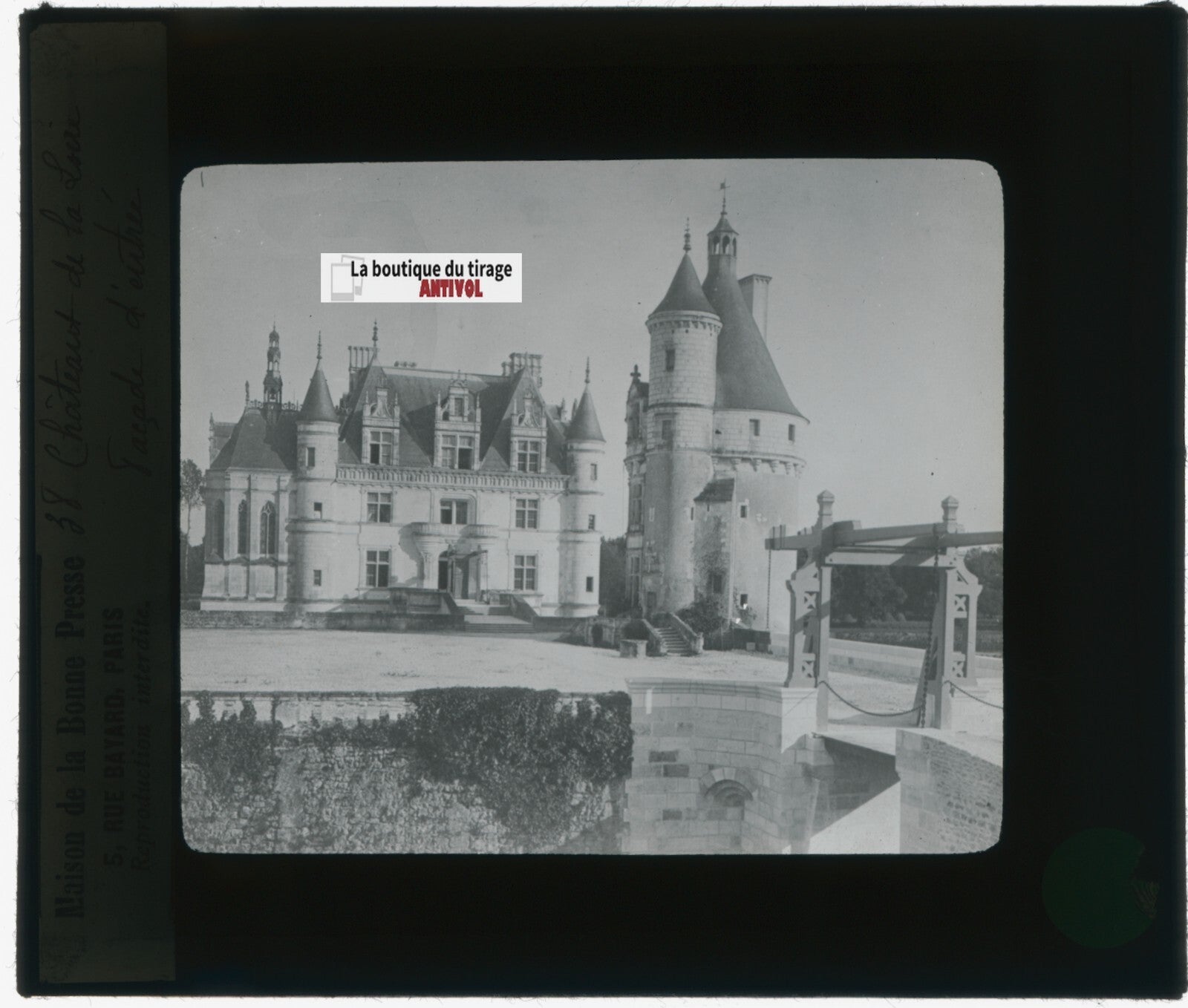 Château de Chenonceaux, photo plaque verre, noir & blanc, positif 8,5x10 cm