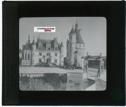 Château de Chenonceaux, photo plaque verre, noir & blanc, positif 8,5x10 cm