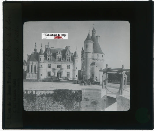Château de Chenonceaux, photo plaque verre, noir & blanc, positif 8,5x10 cm